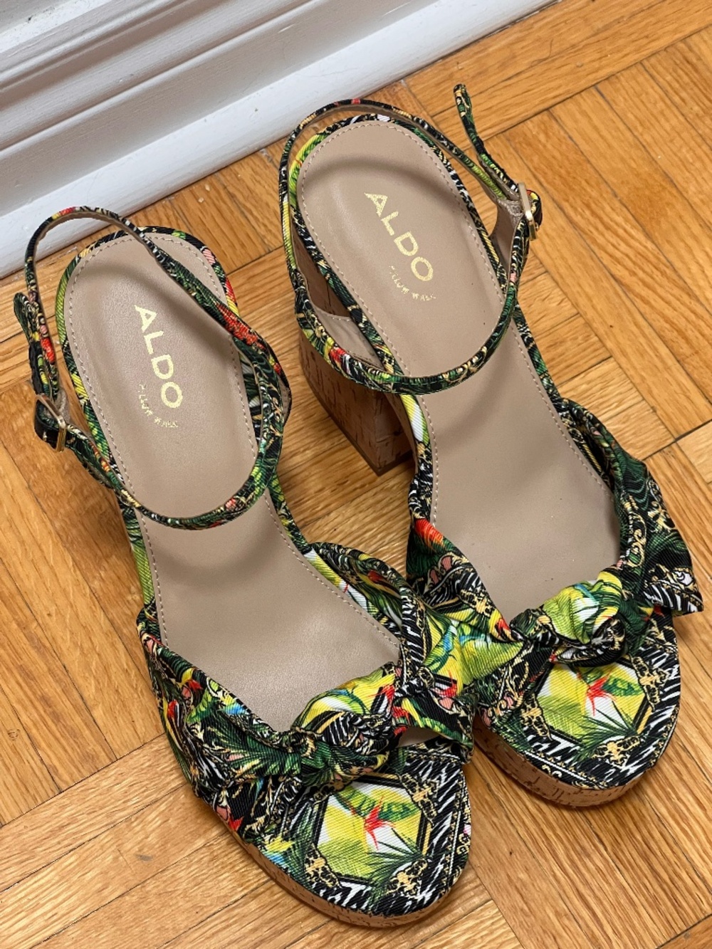 ALDO Tropical Print Cork Platform Heels Size 8